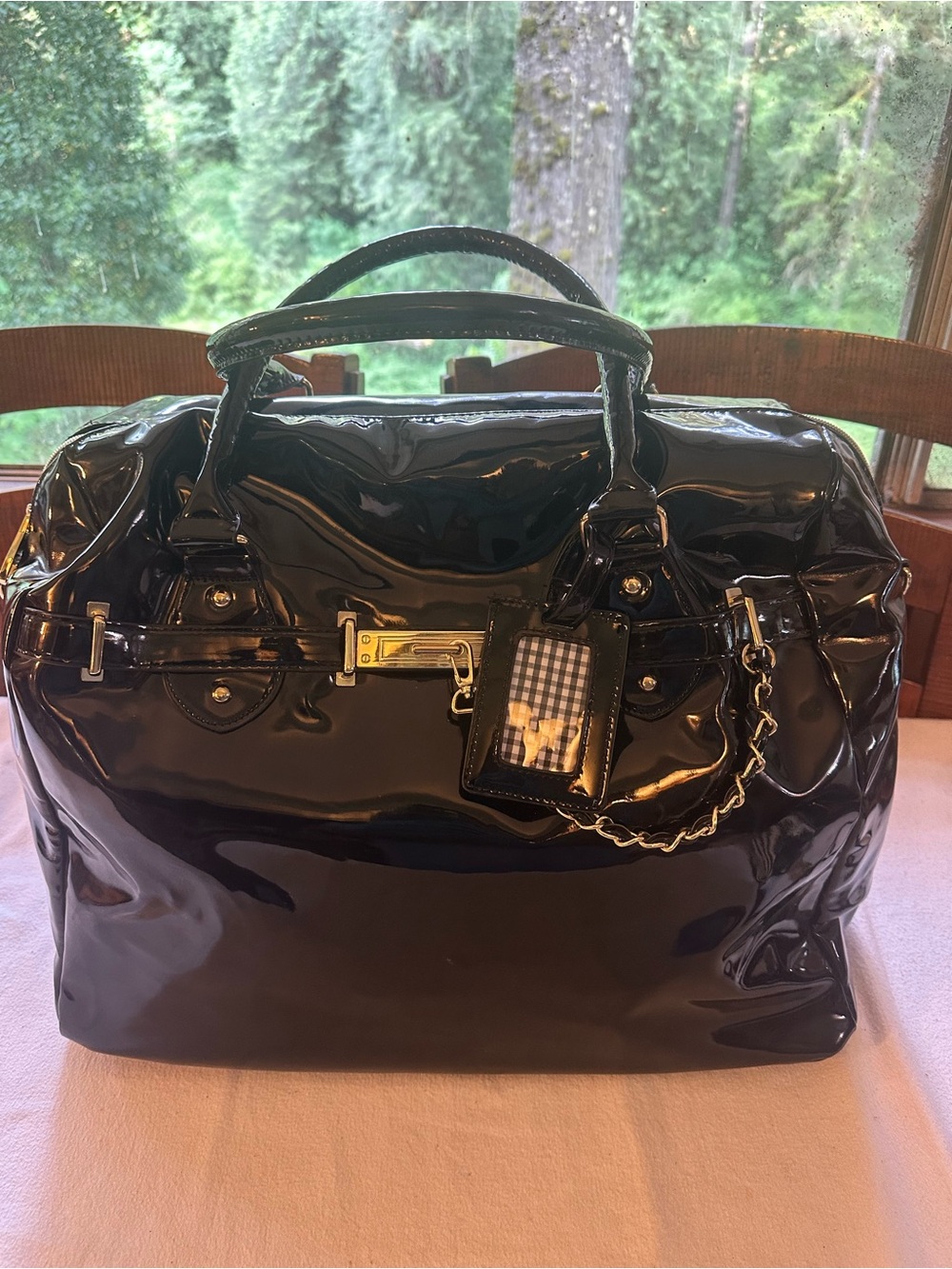 Steve Madden Glossy Black Patent Weekend Bag - Chic Travel Tote 21”x20”x9.5”